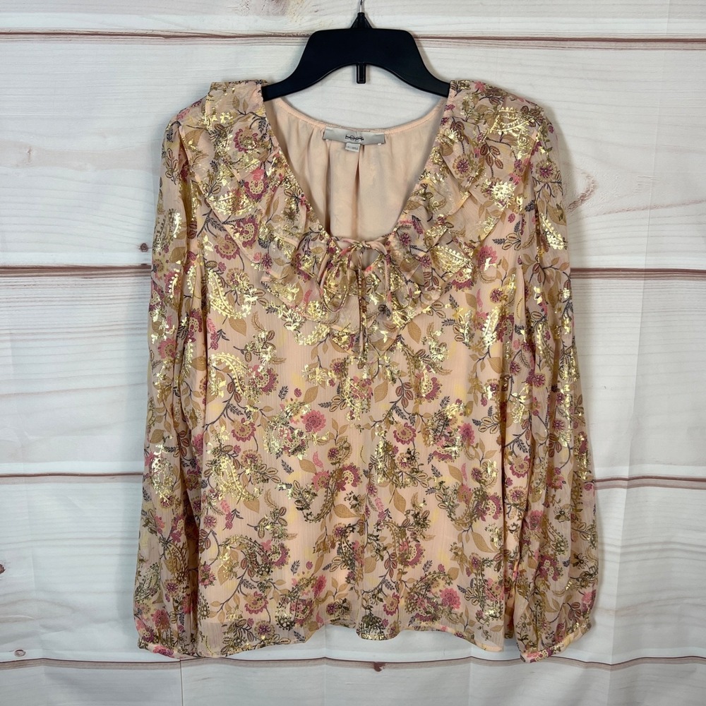 LOFT Top Women Large Orange Gold Floral Blouse Ruffles Tie Neck Chiffon Pullover